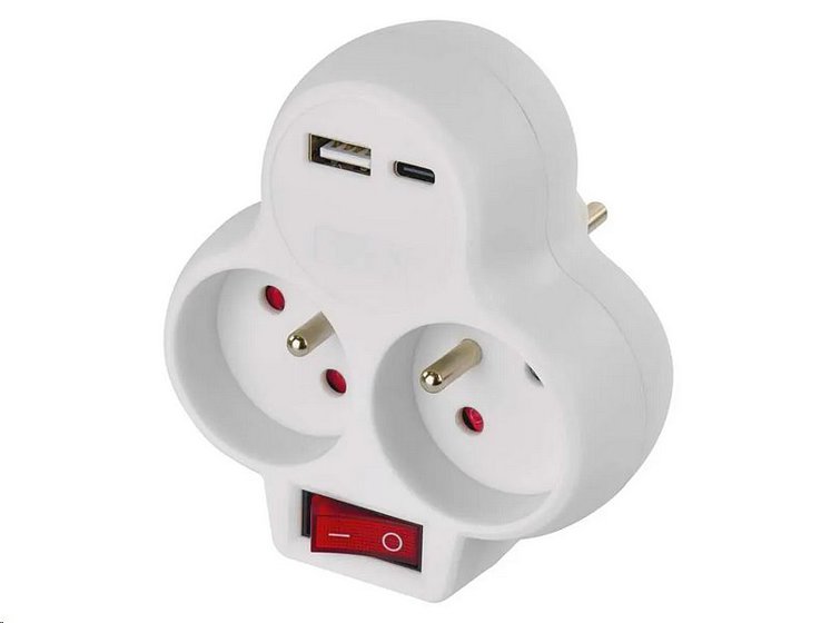Emos/ Zásuvka rozbočovací 2x, vyp, 1x USB-A+1x USB-C